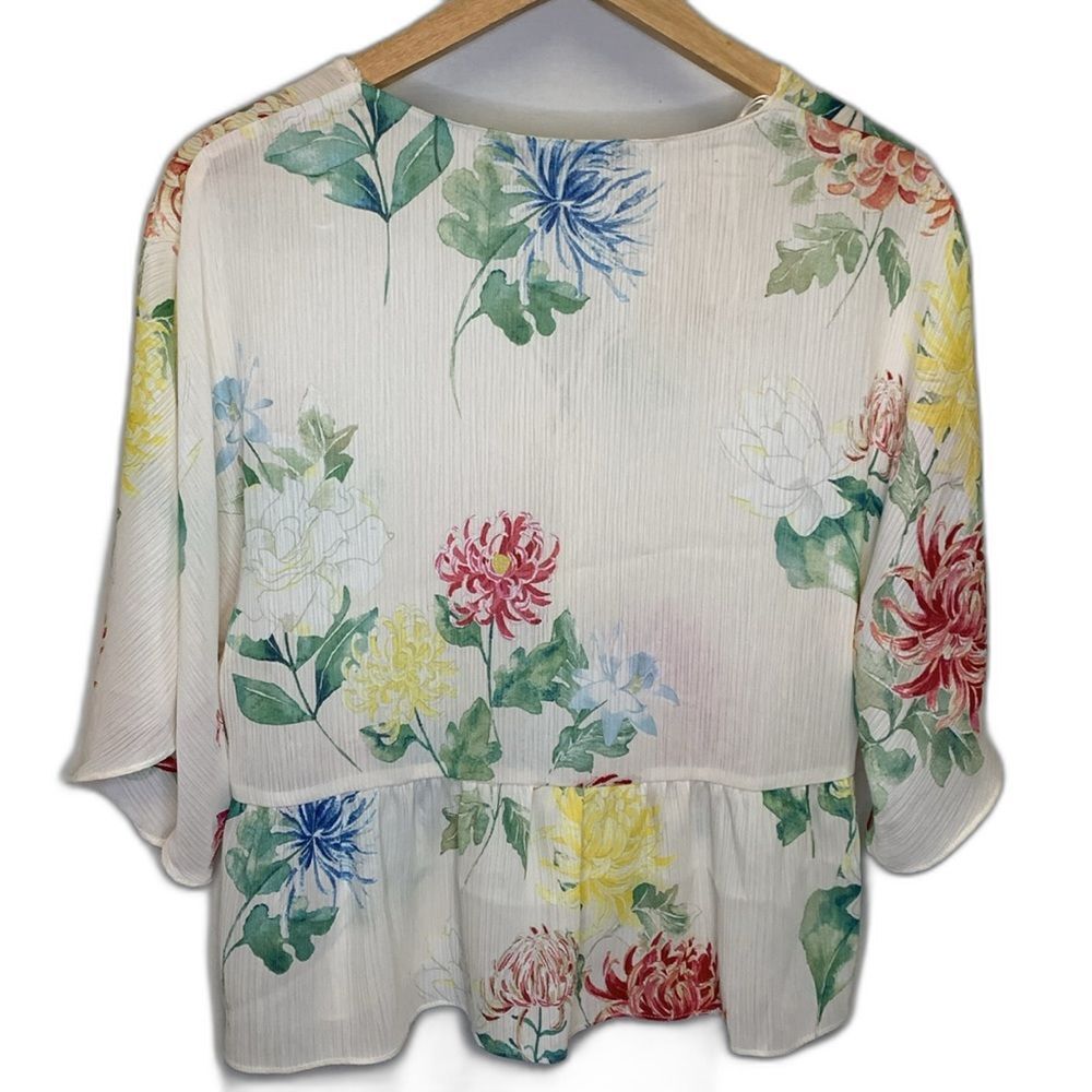 Zara Women's Ivory Multicolor Floral Lace-Up Kimono Sleeve Peplum Top Size M - Picture 4 of 12